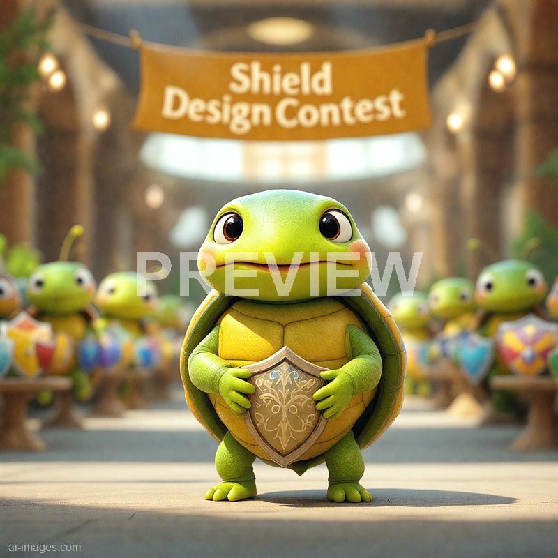 A cute animated turtle with big, expressive eyes is standing in the foreground, holding a shield with an intricate design on it. In the background, there are several other turtles, also holding shields, arranged in a line inside a grand, well-lit hall with archways and a banner overhead that reads "Shield Design Contest." The scene has a colorful, lively, and playful atmosphere with a focus on the central turtle and the contest theme.